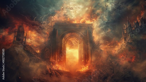 Haunting scene of hell's gate with fierce flames and dark, suffering souls, against a peaceful heavenly gate bathed in soft light