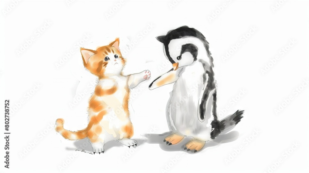 Fototapeta premium A drawing of a cat and penguin holding hands next to each other