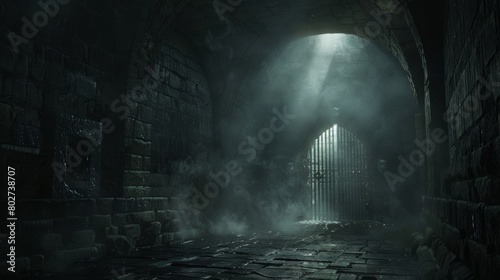 Haunting storage room in a dungeon  a sliver of light from an opened door reveals a ring gate and layers of mist  all set against a backdrop of darkness