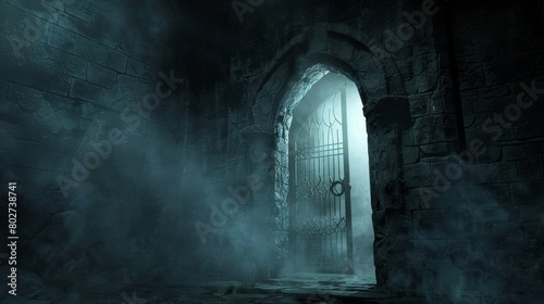Haunting storage room in a dungeon, a sliver of light from an opened door reveals a ring gate and layers of mist, all set against a backdrop of darkness photo