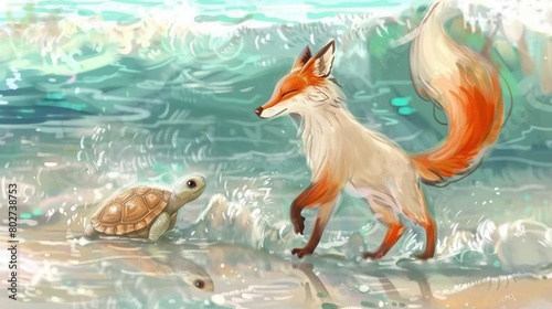   A painting of a fox and turtle strolling along the beach beside rippling water