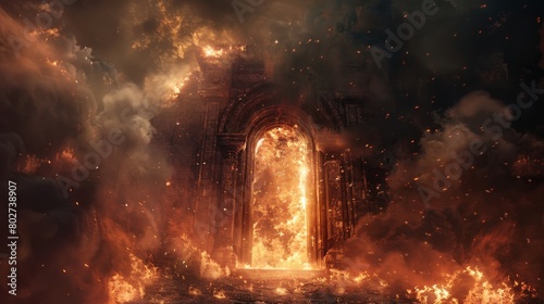 Hell gate door surrounded by dense smoke and aggressive flames, appearing as a terrifying portal in a realm of darkness and fire photo