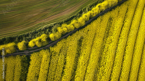 Aerial view of blooming rapeseed fields with winding road