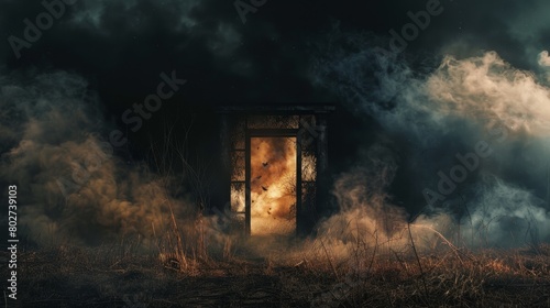 Hellish and heavenly gate open in a field at night, light casting shadows and revealing souls in torment, surrounded by thick smoke and darkness