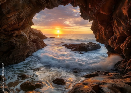 Majestic Sunset View Through Sea Cave Entrance on Rocky Beach