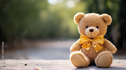 Soft brown teddy bear toy with yellow gold ribbon © Fajar