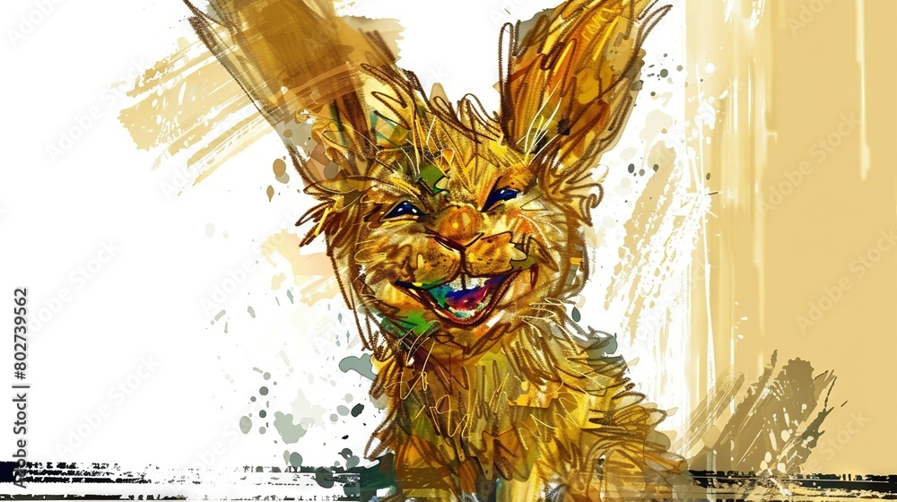 Fototapeta premium Golden rabbit with blue eyes smiles in front of a wall in a digital painting
