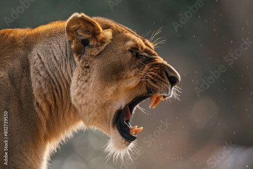 Side view of an angry lioness with her mouth open showing teeth