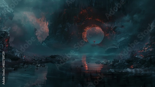 Ominous gateway to hell set in a dark landscape, devil lurking near a reflective lake, with an environment that burns under a cover of darkness