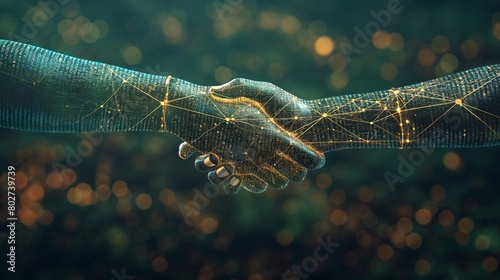 A digital handshake forming a secure connection over a network, with each hand made of streams of encrypted code, symbolizing trusted data exchanges. 32k, full ultra hd, high resolution