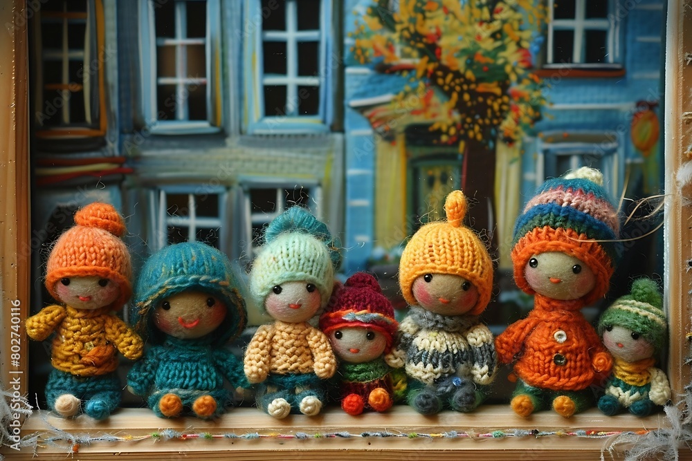 wool cozy city with people knitted children toys looking out the window : Generative AI