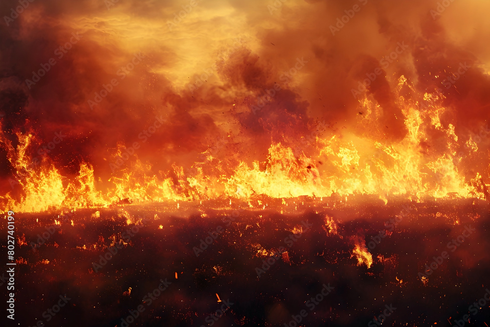 Fierce Wildfire Raging through the Landscape,Threatening to Consume the Land with Its Relentless Flames in a Cinematic