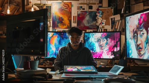 The picture of the digital artist is working inside his workshop that has surrounded with computer monitor, the digital artist require skill like creativity, experience and drawing technique. AIG43.