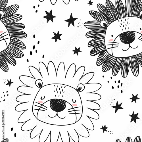 Cute kid s seamless pattern with pencil hand drawn lion smiling faces. Children s floral print. Stock baby illustration. Surface background and wallpaper design.