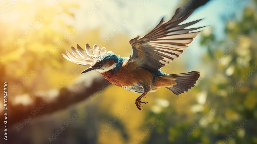 Fototapeta premium A closeup of a bird taking flight from a wooded area with a clear sky in the background emphasizing the concept of liberation and the freedom to explore