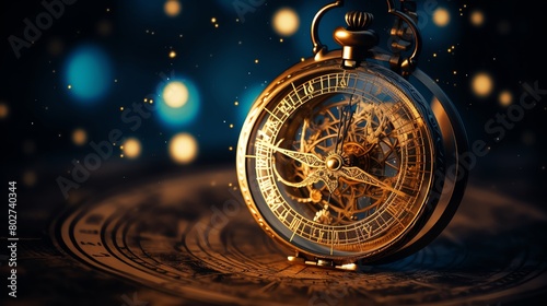 A closeup of a vintage astrolabe against a starry night sky background symbolizing exploration and the history of astronomy