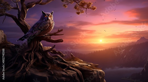 A lone owl perched on an ancient tree during twilight mystical and serene atmosphere
