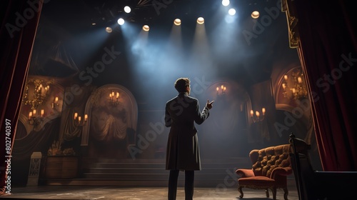 A professional actor in costume rehearsing on a theater stage under dramatic lighting capturing the essence of character immersion and theatrical expression photo