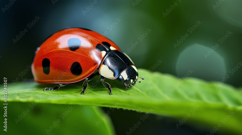 Closeup of a ladybug crawling on a green leaf showcasing natural pest control in a garden ecosystem Closeup of a ladybug crawling on a green leaf showcasing natural pest control in a garden ecosystem