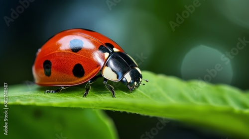 Closeup of a ladybug crawling on a green leaf showcasing natural pest control in a garden ecosystem © Jenjira