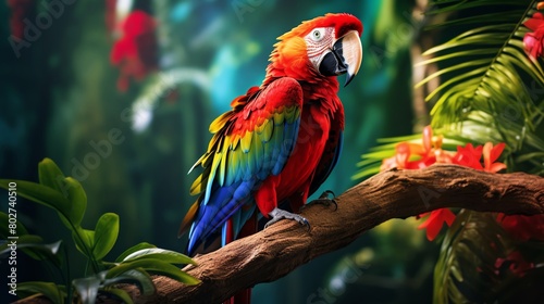 Closeup of a vibrant parrot on a lush green branch tropical setting with vivid colors