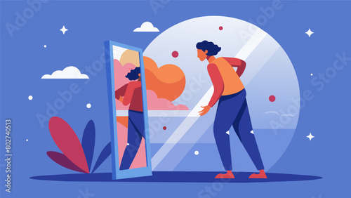 A person stands in front of a mirror their face filled with a mix of vulnerability and pride as they reach a breakthrough in accepting and loving.