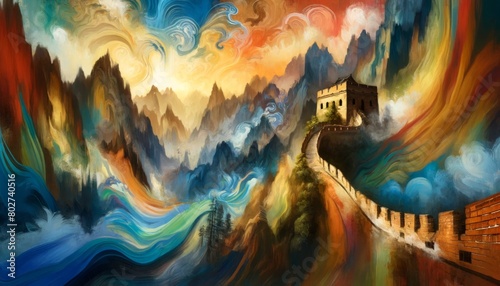 A vivid and abstract representation of the Great Wall of China as it winds through a mountainous landscape. photo