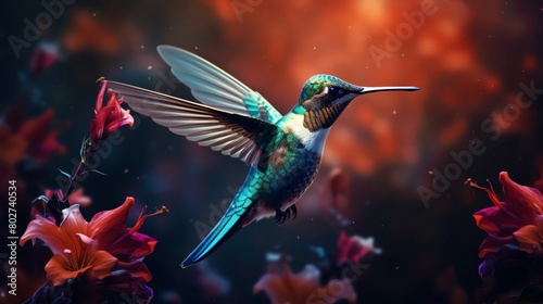 Detailed macro shot of a hummingbird hovering near colorful flowers capturing rapid wing movement