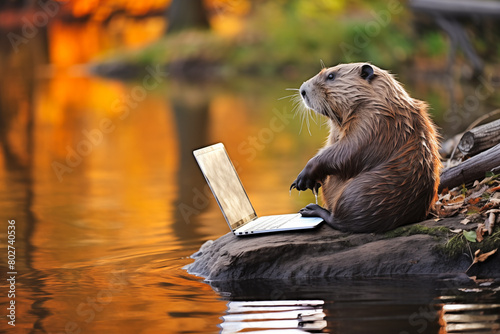 A brown beaver is sitting on a rock next to a laptop computer