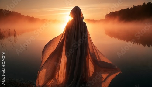 A close-up of a figure wrapped in a flowing fabric, overlooking a misty lake at sunrise, with soft orange and pink hues in the sky.