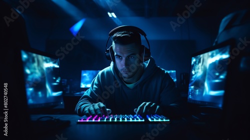Gamer wearing headphones and using a controller in a dark room intense focus on a competitive video game