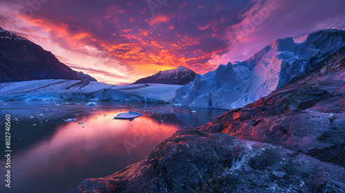 Stunning view of a vibrant sunset casting colors over a serene glacier and icy waters