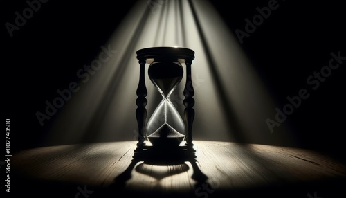 A silhouette of an antique hourglass with sand trickling down, highlighted in a slanted ray of light against a dark background. photo