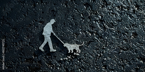 Walking the Dog. Walking, dog ,exercise, leash, lead ,sign, paint, road, Shadow silhouette of a person and a dog on a leash crossing the street