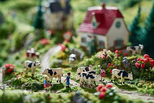 miniature scene, microfarm, giant milk cartons, miniature people, : Generative AI