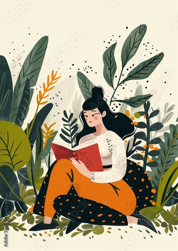 Serene Woman Reading Book In Nature-Inspired Illustration, Tranquil Scene