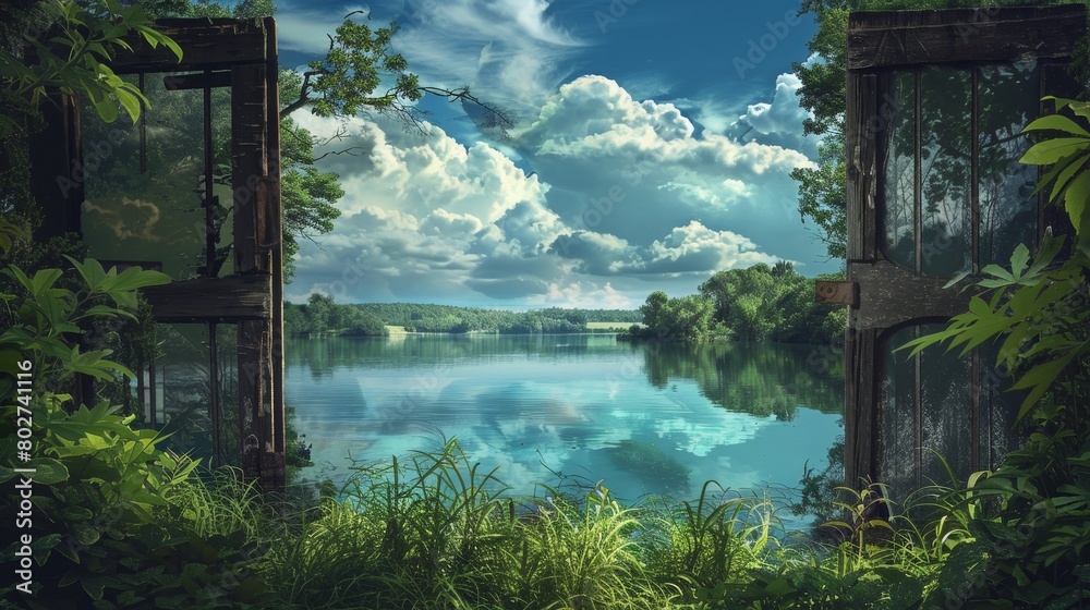 Peaceful vista through a rustic door, viewing a dreamy reflective lake surrounded by sage green foliage, under a cloud-laden sky Peaceful vista through a rustic door, viewing a dreamy reflective lake surrounded by sage green foliage, under a cloud-laden sky