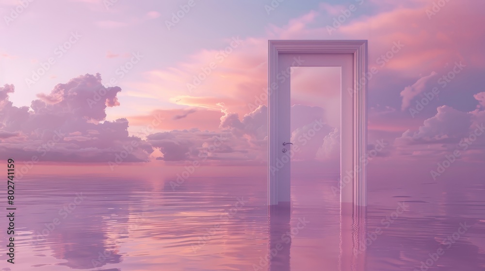 Picturesque door frame capturing a reflective lake, clouds overhead, and a gentle sky in pastel pink and purple tones