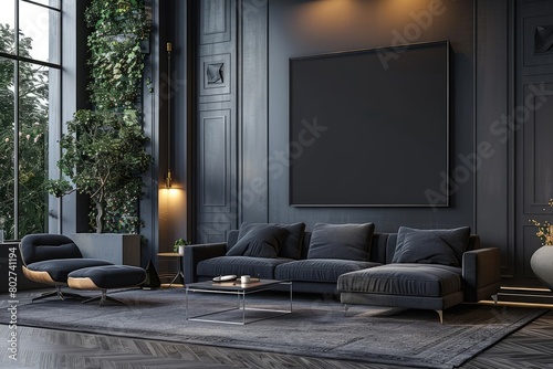 Contemporary home, sleek dark living room design with blank wall mock up, digitally created. photo