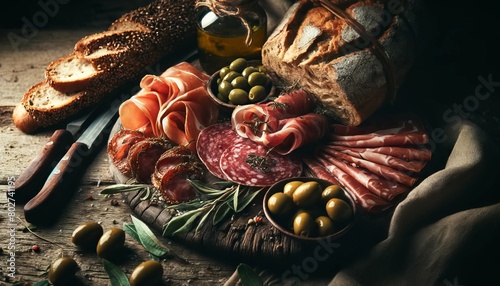 A close-up shot of a rustic wooden board adorned with an assortment of cured meats, olives, and artisanal bread, capturing the textures and rich color. photo