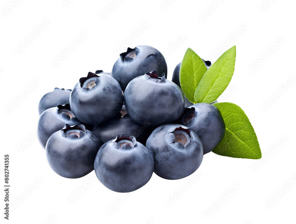 A pile of ripe blueberries with vibrant green leaves, isolated on a transparent background with a close up view. Generative AI A pile of ripe blueberries with vibrant green leaves, isolated on a transparent background with a close up view. Generative AI