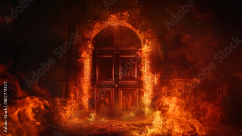 Scary door scene, simulating the entrance to hell with intense flames and smoke against a backdrop of complete darkness