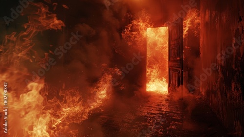 Scary door scene  simulating the entrance to hell with intense flames and smoke against a backdrop of complete darkness