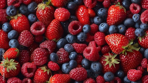   A group of strawberries, blueberries, raspberries, and strawberries are neatly stacked