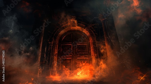 Scary doorway to hell, covered in darkness, surrounded by smoke and mist, with cobwebs and a haunting flame fire setting the foreboding mood