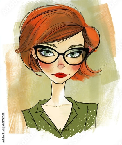 Stylish Redheaded Woman with Glasses Illustration, Trendy Fashion Portrait