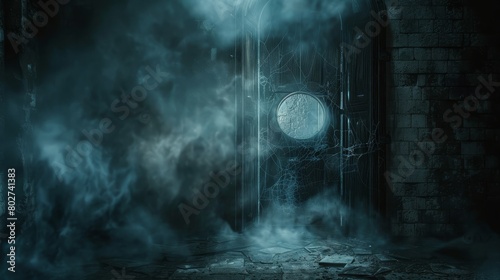 Scary dungeon ambiance with a ring gate partially visible through the open door  surrounded by thick smoke and cobwebs  dark and misty