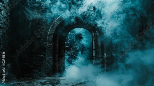 Scary dungeon ambiance with a ring gate partially visible through the open door, surrounded by thick smoke and cobwebs, dark and misty © Paul