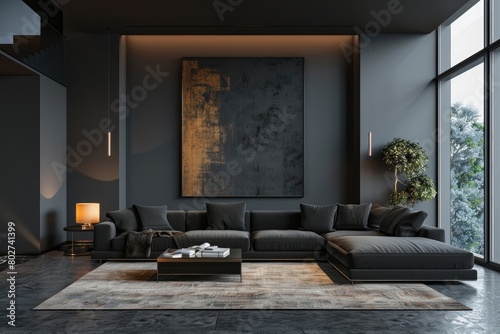 Contemporary home, sleek dark living room design with blank wall mock up, digitally created.