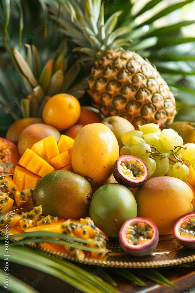 Exotic Tropical Fruits Displayed on a Platter Surrounded by Lush Greenery